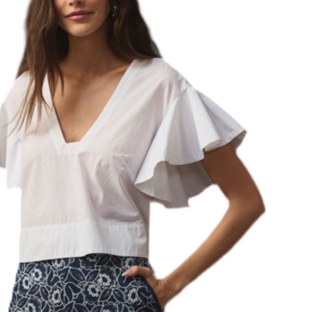 MAEVE ANTHROPOLOGIE | White Cotton Poplin Flutter Sleeve Pullover Blouse - Picture 4 of 11